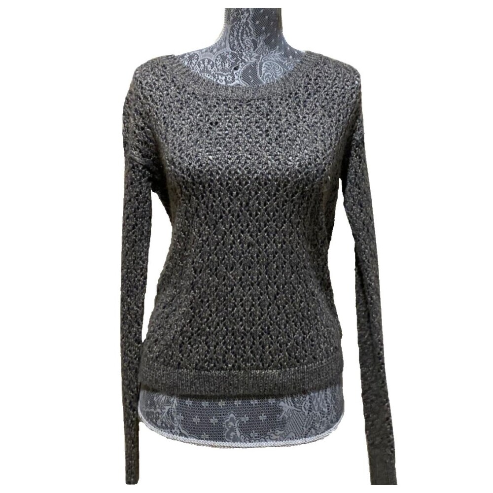 Kensie Charcoal Metallic Knit Sweater Womens S Loose Weave Long Sleeve Sheer Top